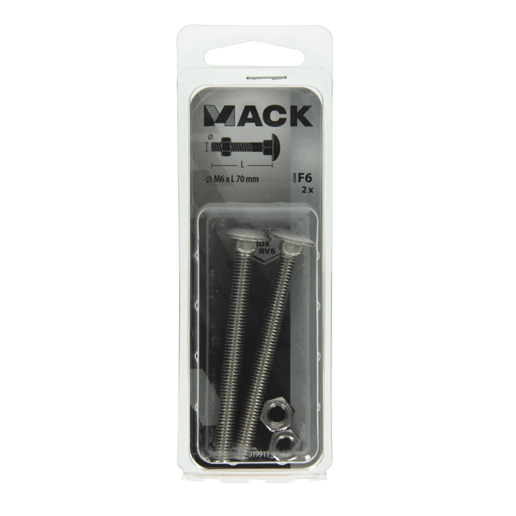 Mack 1019911 - perno para madera + tuerca acero inoxidable 2 piezas m6 x 70 mm | 10 piezas