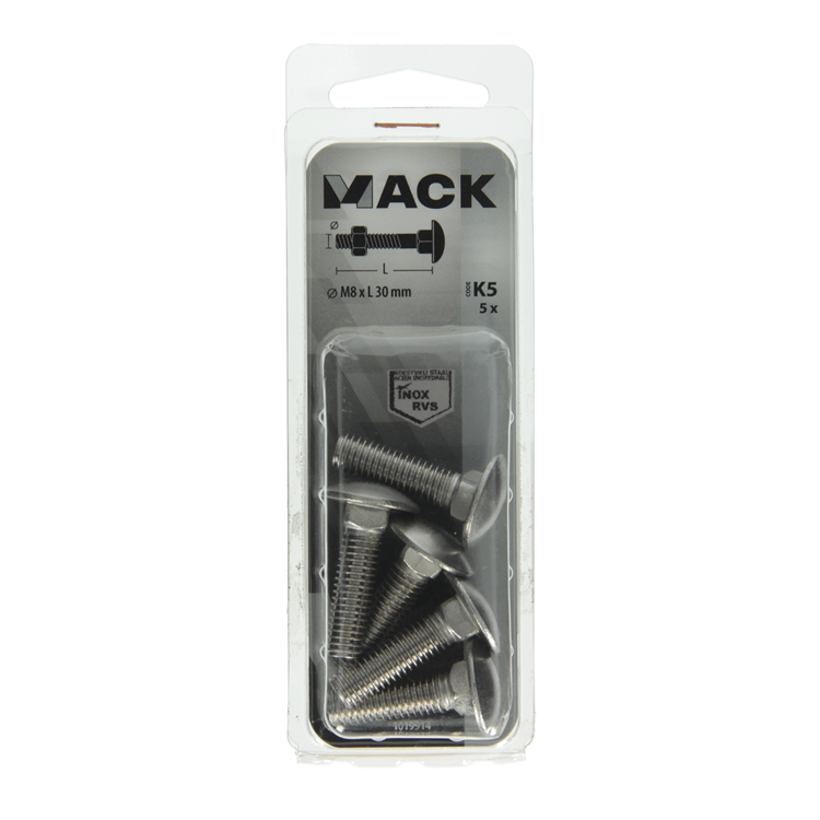 Mack 1019914 - perno para madera + tuerca acero inoxidable 5 piezas m8 x 30 mm | 5 piezas