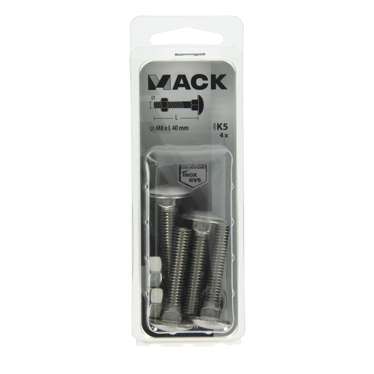 Mack 1019915 - perno para madera + tuerca acero inoxidable 4 piezas m8 x 40 mm | 5 piezas
