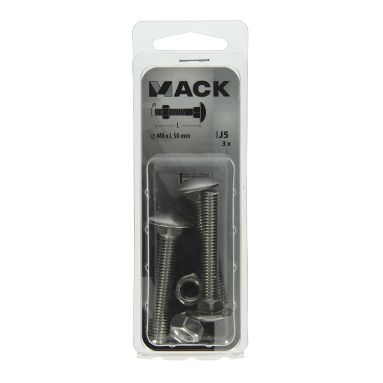 Mack 1019916 - perno para madera + tuerca acero inoxidable 3 piezas m8 x 50 mm | 5 piezas