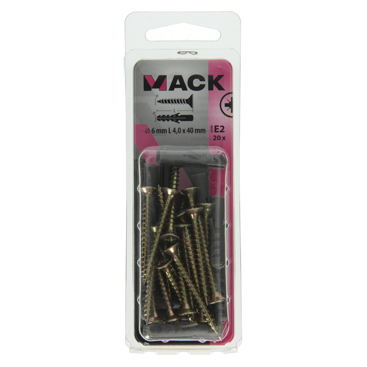 Mack 1017896 - taco + tornillo polietileno 20 piezas 6 mm 4,0 x 40 mm | 5 piezas