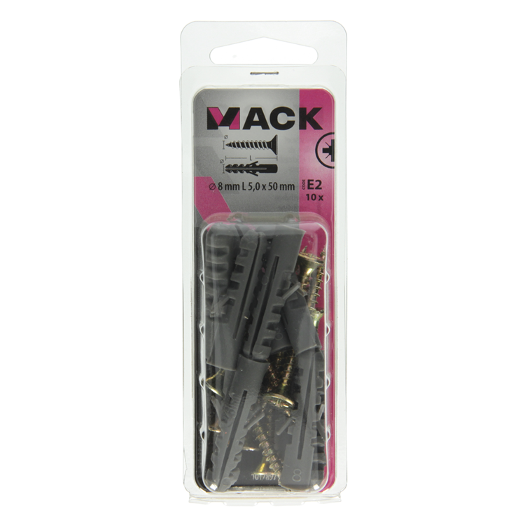 Mack 1017897 - taco + tornillo polietileno 10 uds 8 mm 5,0 x 50 mm | 5 piezas