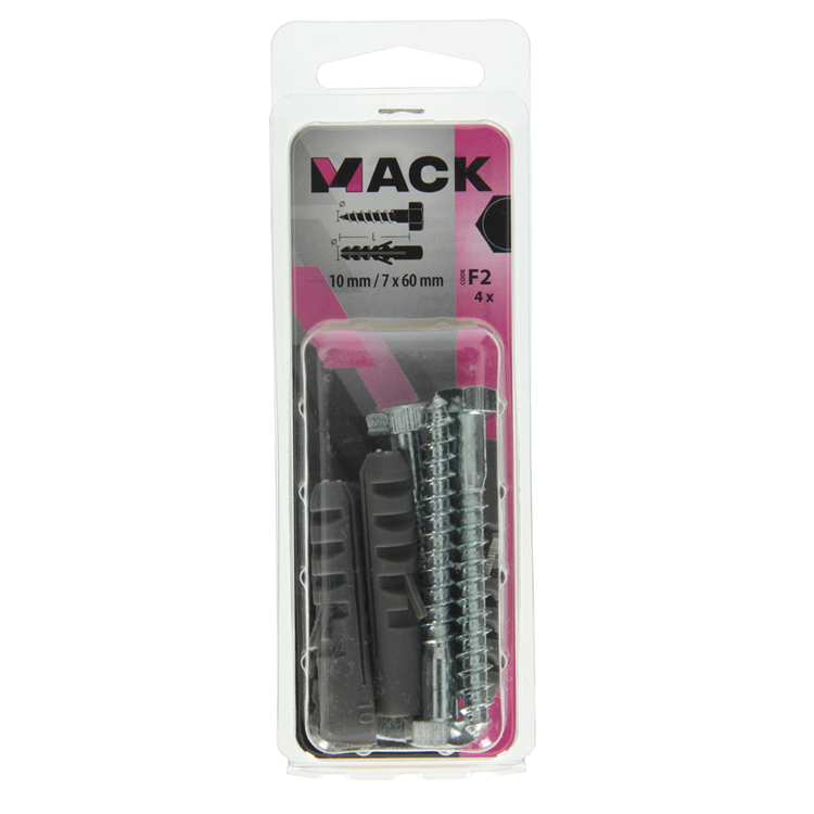 Mack 1017898 - taco + perno rosca madera polieth 4uds 10 mm 7x60 mm | 5 piezas