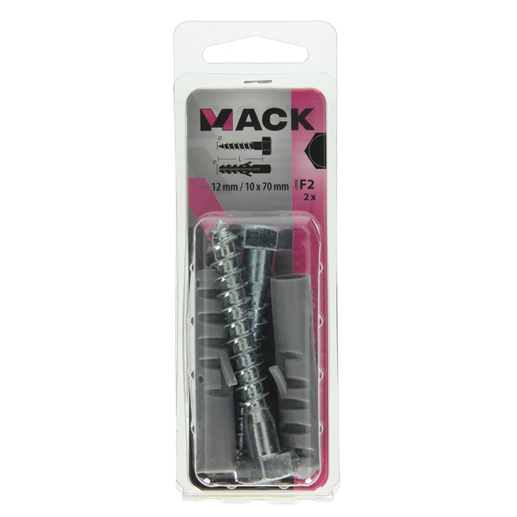 Mack 1017899 - taco + perno rosca madera polieth 2uds 12 mm 10x70 mm | 5 piezas