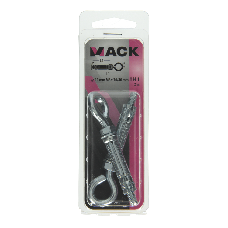 Mack 1019951 - perno cuña ojo de tornillo galvanizado 2 piezas m6x70 10x40 | 5 piezas