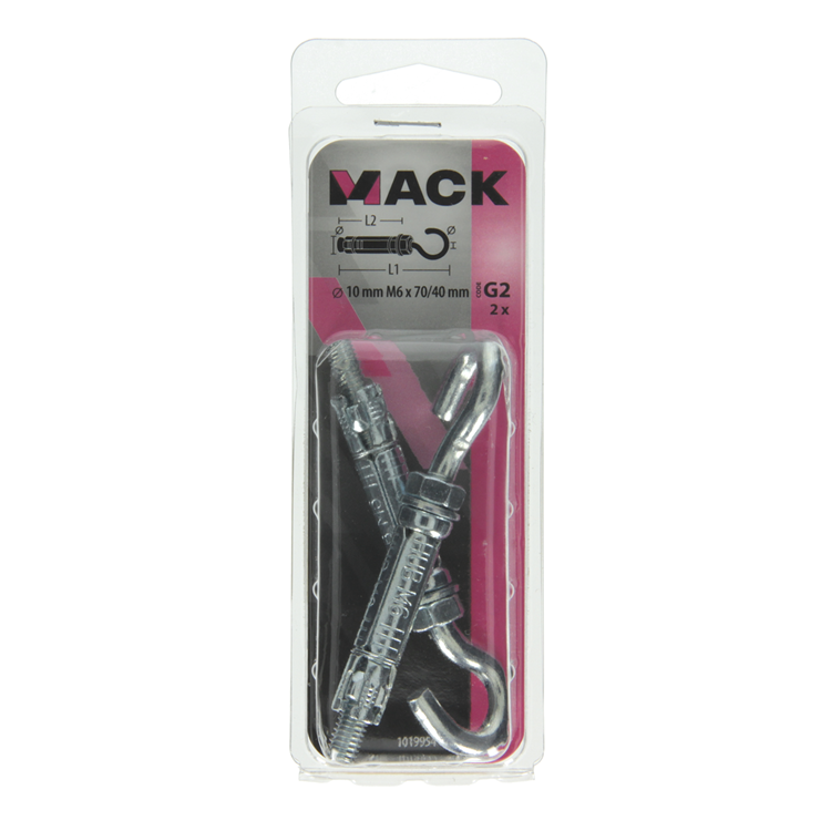 Mack 1019954 - perno cuña gancho tornillo galvanizado 2uds m6x70 10x40 | 5 piezas