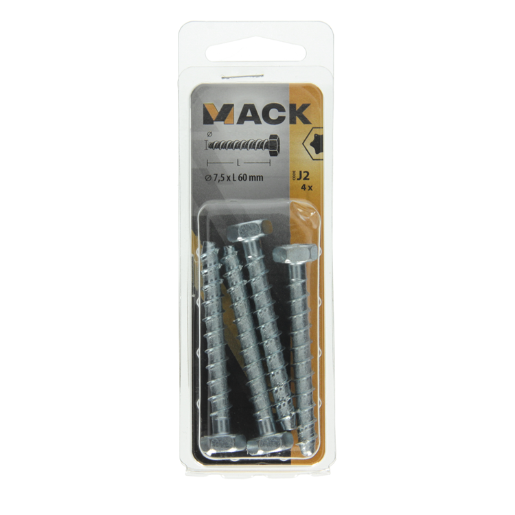 Mack 1019959 - tornillo para hormigón galvanizado 6 puntos 4 piezas 7,5 x 60 mm | 5 piezas