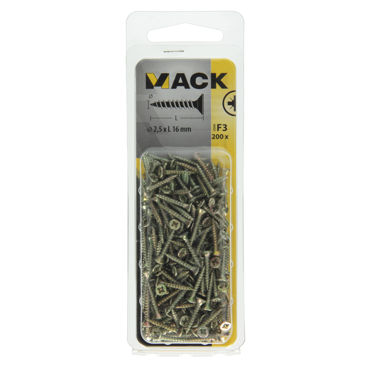 Mack 1017957 - tornillo para aglomerado con cabeza chapada en amarillo 200uds 2,5 x 16 mm | 10 piezas