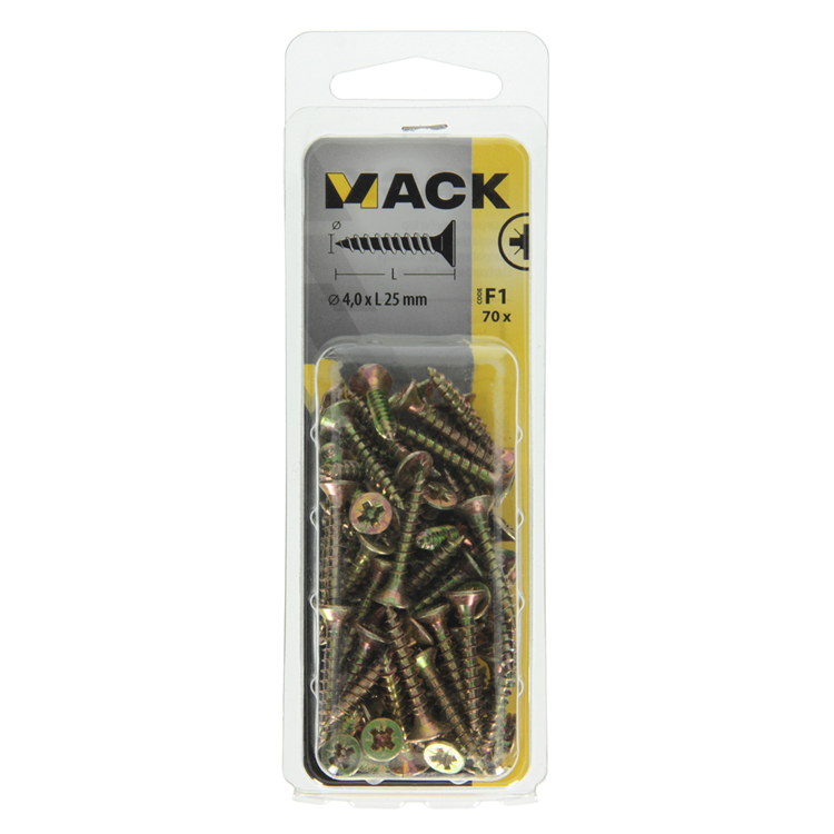 Mack 1017970 - tornillo para aglomerado con cabeza chapada en amarillo. 70 piezas 4,0 x 25 mm | 5 piezas