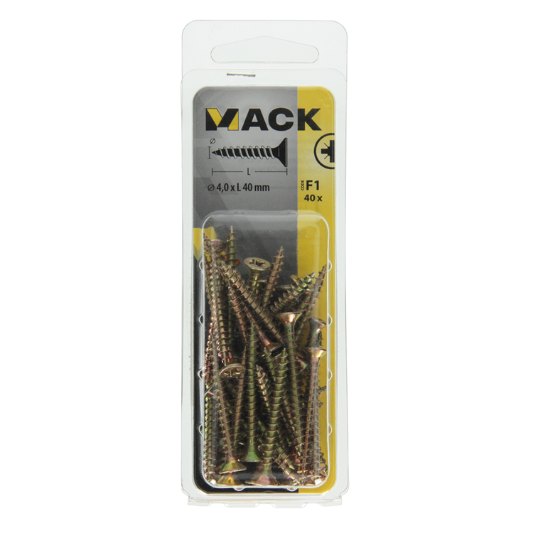 Mack 1017973 - tornillo para aglomerado con cabeza chapada en amarillo. 40 piezas 4,0 x 40 mm | 5 piezas