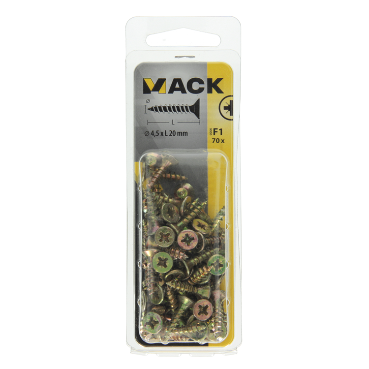 Mack 1017976 - tornillo para aglomerado con cabeza chapada en amarillo. 70 piezas 4,5 x 20 mm | 5 piezas