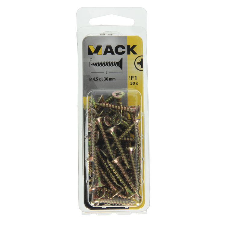 Mack 1017978 - tornillo para aglomerado con cabeza chapada en amarillo. 50 piezas 4,5 x 30 mm | 5 piezas