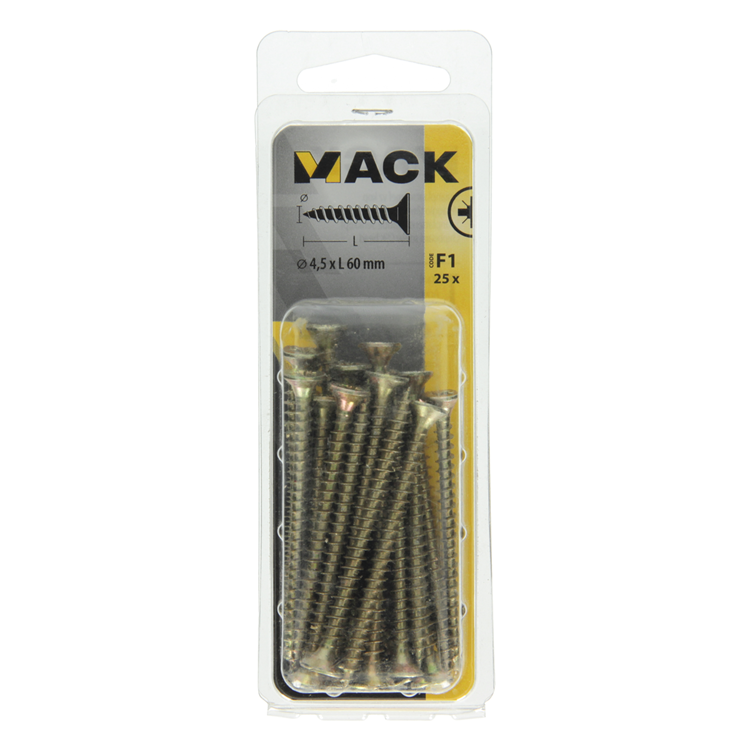 Mack 1017982 - Tornillo para aglomerado con cabeza chapada en amarillo. 25 piezas 4,5 x 60 mm | 5 piezas