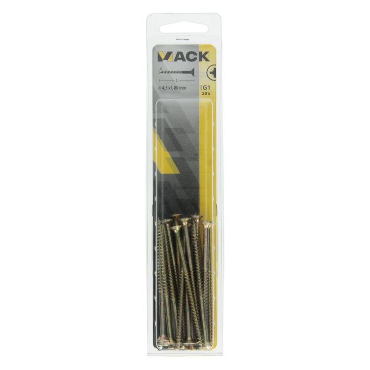 Mack 1017983 - Tornillo para aglomerado con cabeza chapada en amarillo. 20 piezas 4,5 x 80 mm | 5 piezas