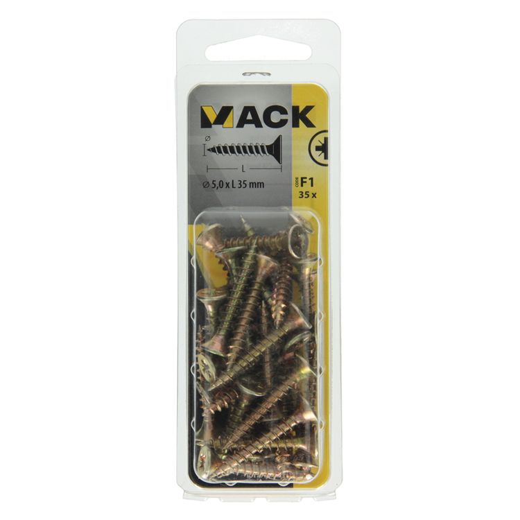 Mack 1017985 - tornillo para aglomerado con cabeza chapada en amarillo. 35 piezas de 5,0 x 35 mm | 5 piezas