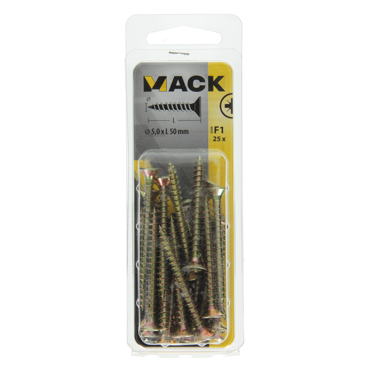 Mack 1017988 - tornillo para aglomerado con cabeza chapada en amarillo. 25 piezas 5,0 x 50 mm | 5 piezas