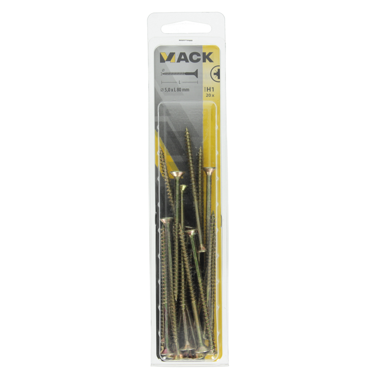 Mack 1017991 - Tornillo para aglomerado con cabeza chapada en amarillo. 20 piezas 5,0 x 80 mm | 5 piezas