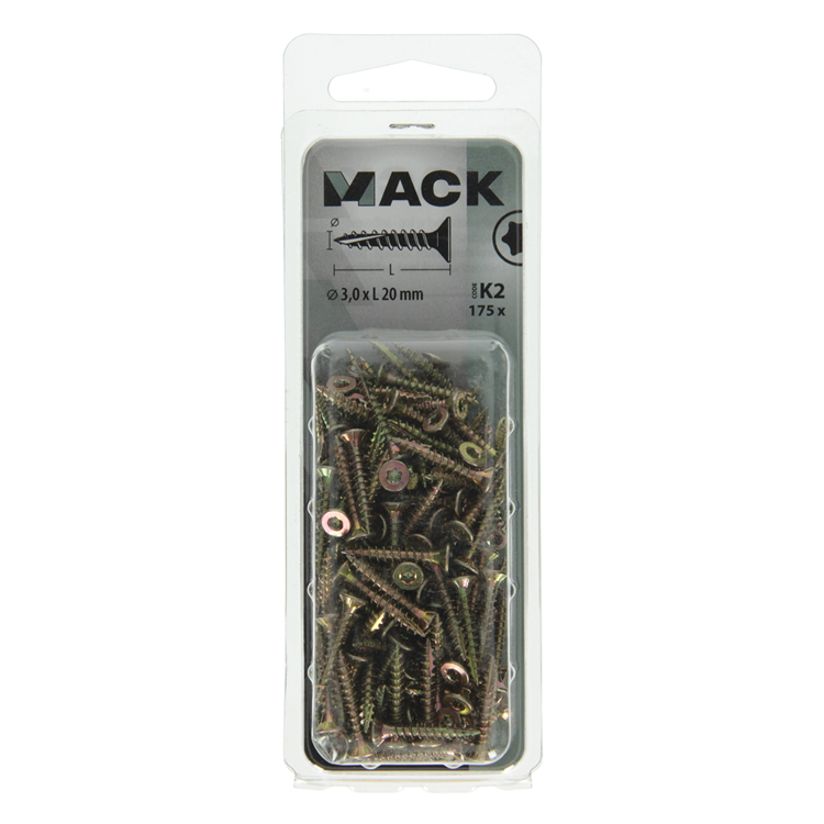 Mack 1018001 - cabeza de tornillo de chip automontable chapado en amarillo 175 piezas 3,0 x 20 mm | 5 piezas
