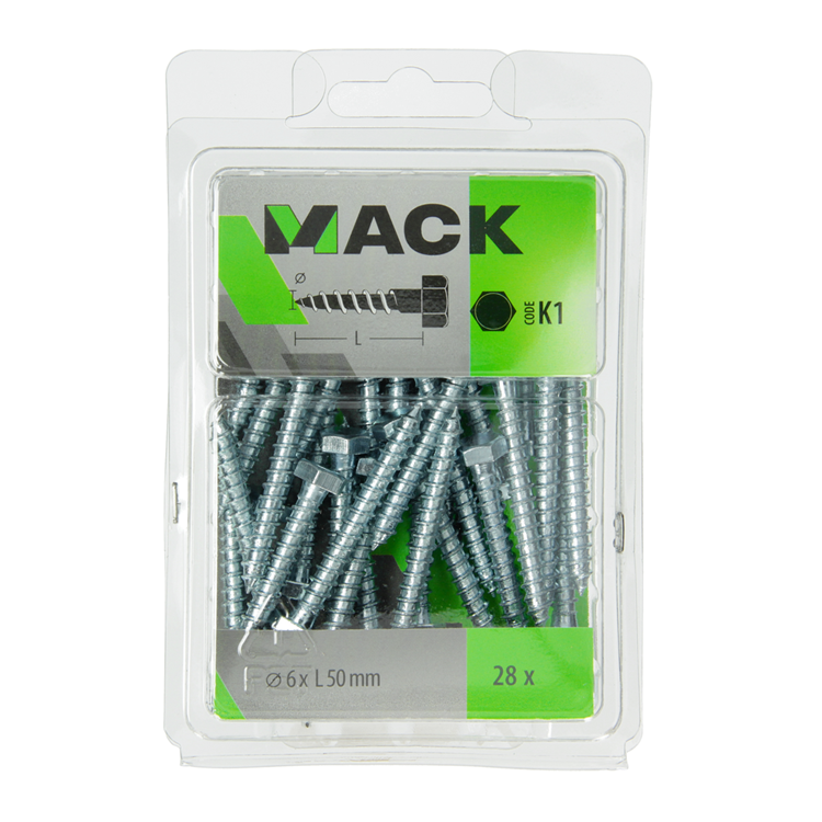 Mack 1018040 - perno roscado para madera acero galvanizado 28 piezas 6 x 50 mm | 5 piezas