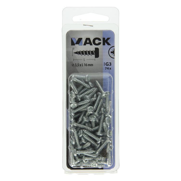 Mack 1018059 - tornillo autorroscante con cabeza cilíndrica galvanizada. 74 piezas 3,5 x 16 mm | 10 piezas