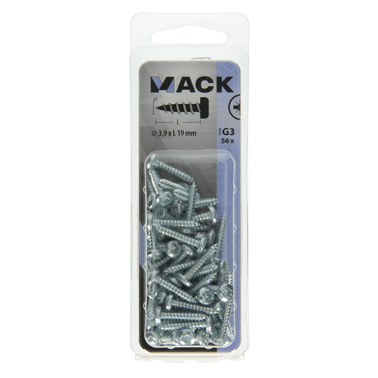 Mack 1018064 - tornillo autorroscante con cabeza cilíndrica galvanizada. 56 piezas 3,9 x 19 mm | 5 piezas
