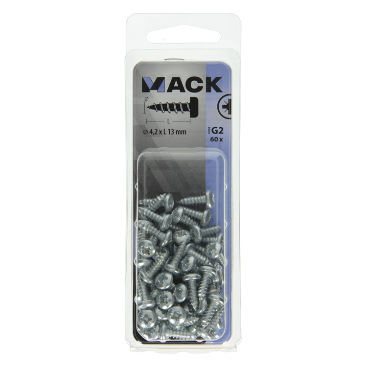 Mack 1018066 - tornillo autorroscante con cabeza cilíndrica galvanizada. 60 piezas 4,2 x 13 mm | 5 piezas