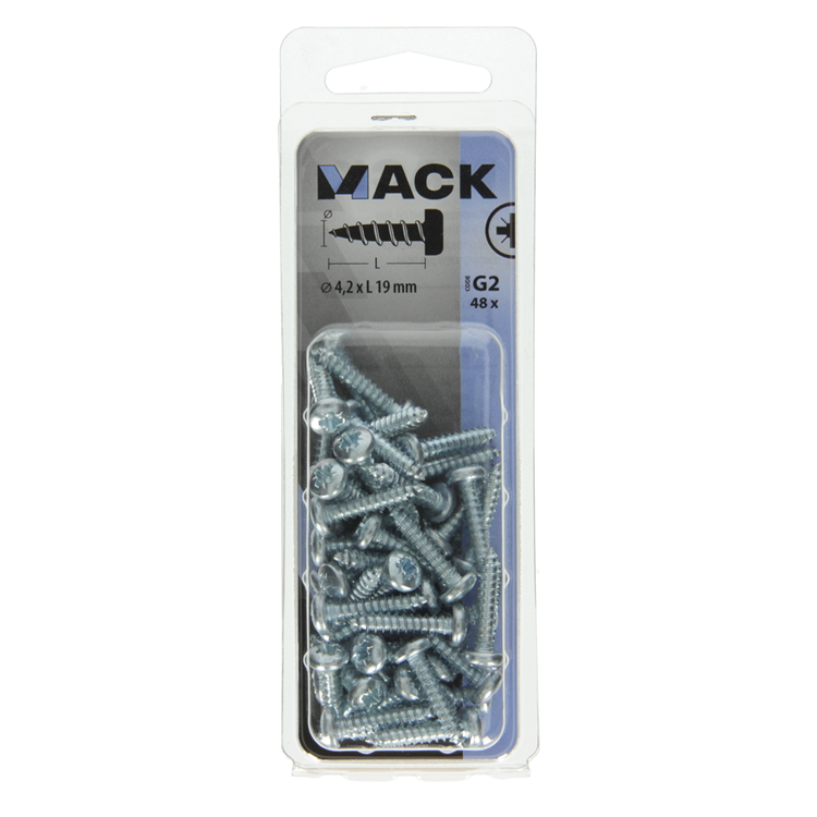 Mack 1018068 - tornillo autorroscante con cabeza cilíndrica galvanizada. 48 piezas 4,2 x 19 mm | 5 piezas
