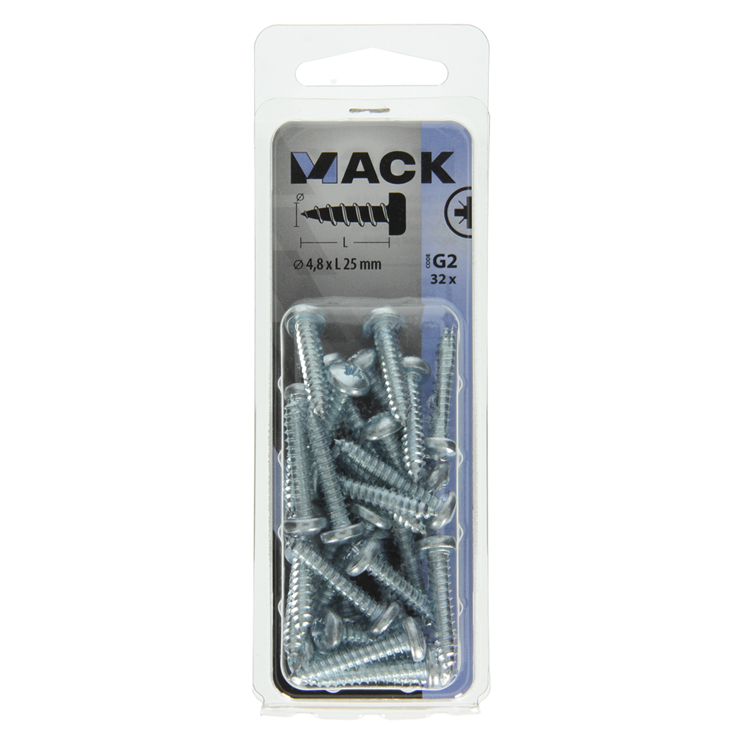 Mack 1018072 - tornillo autorroscante con cabeza cilíndrica galvanizada. 32 piezas 4,8 x 25 mm | 5 piezas