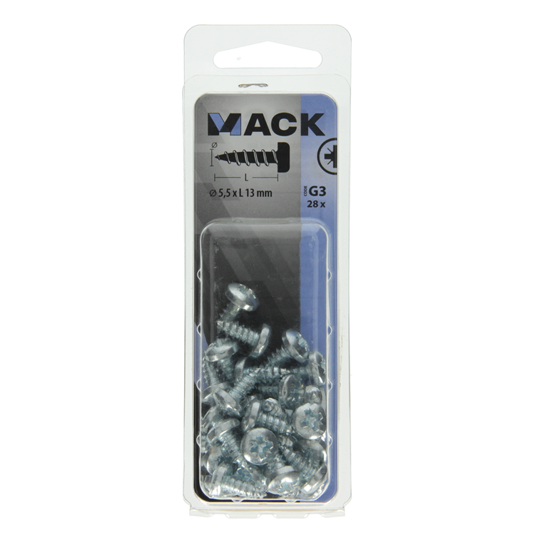 Mack 1018076 - tornillo autorroscante con cabeza cilíndrica galvanizada. 28 piezas 5,5 x 13 mm | 5 piezas