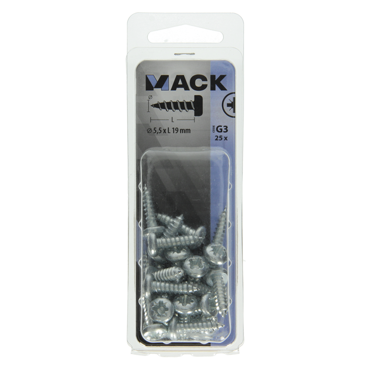 Mack 1018077 - tornillo autorroscante con cabeza cilíndrica galvanizada. 25 piezas 5,5 x 19 mm | 5 piezas