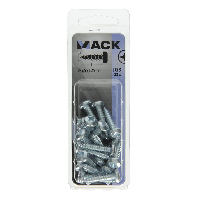 Mack 1018078 - tornillo autorroscante con cabeza cilíndrica galvanizada. 22 piezas 5,5 x 25 mm | 5 piezas