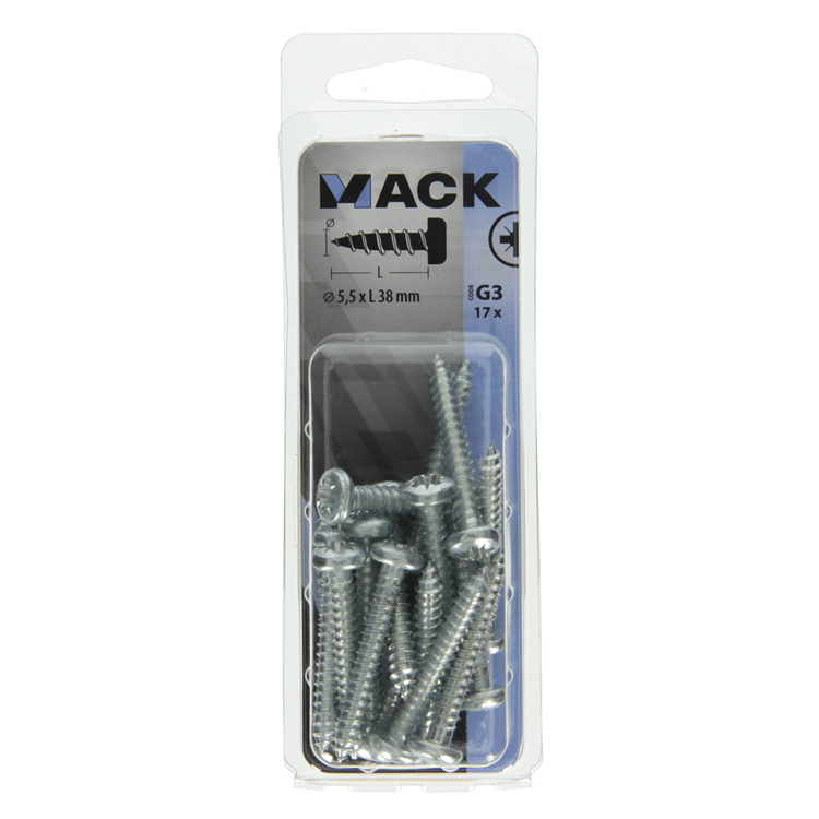 Mack 1018079 - tornillo autorroscante con cabeza cilíndrica galvanizada. 17 piezas 5,5 x 38 mm | 5 piezas