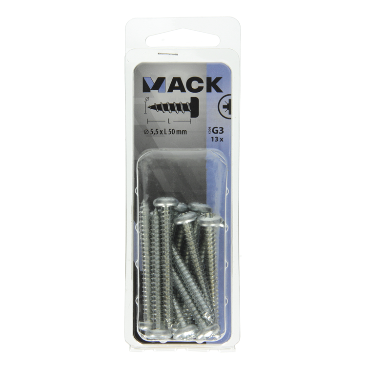 Mack 1018080 - tornillo autorroscante con cabeza cilíndrica galvanizada. 13 piezas 5,5 x 50 mm | 5 piezas