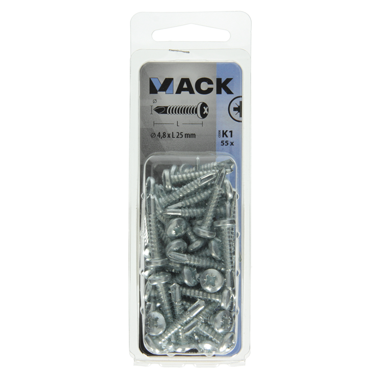 Mack 1018086 - tornillo autoperforante cabeza cilíndrica chapada 55uds 4,8 x 25 mm | 5 piezas