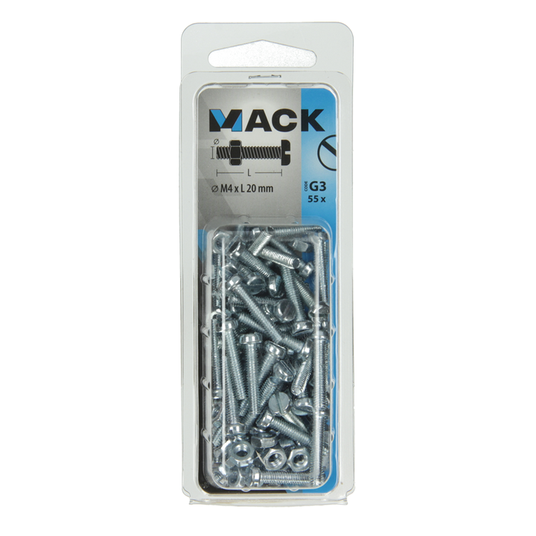 Mack 1018091 - cilindro de tornillo metálico. cabeza + tuerca plateada 55 piezas m4 x 20 mm | 5 piezas