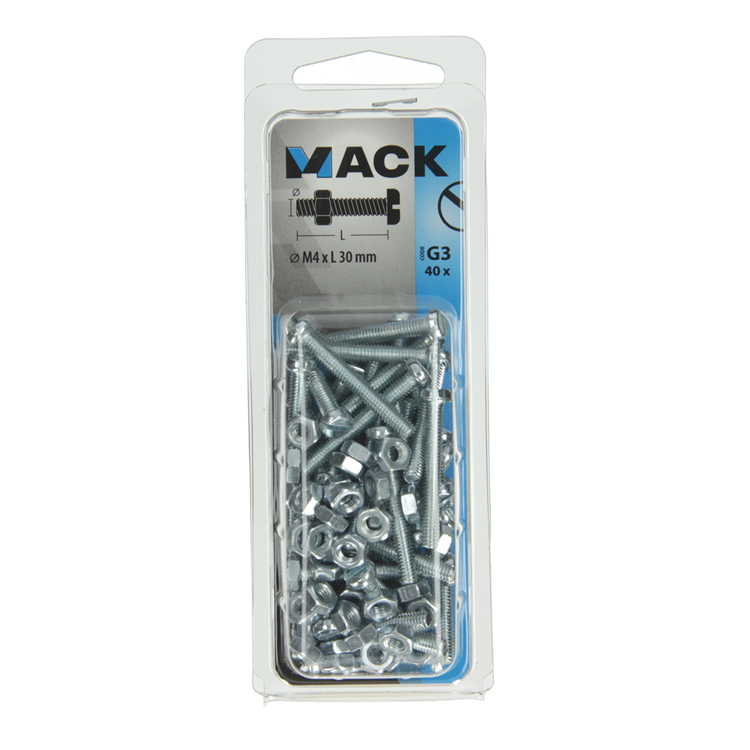 Mack 1018092 - cilindro de tornillo metálico. cabeza + tuerca plateada 40 piezas m4 x 30 mm | 5 piezas