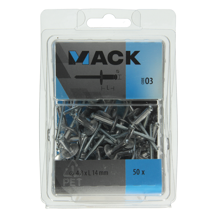 Mack 1020319 - 50 grapas ciegas aluminio cabeza ancha 4.8x14mm | 3 piezas