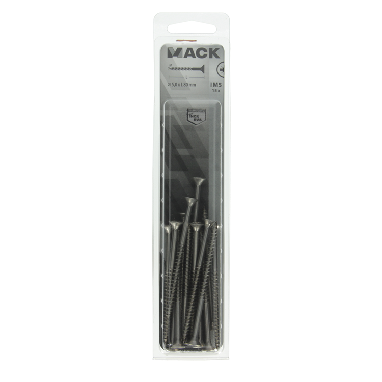 Mack 1020002 - tornillo para aglomerado cabeza vz acero inoxidable 15 piezas 5,0 x 80 mm | 5 piezas
