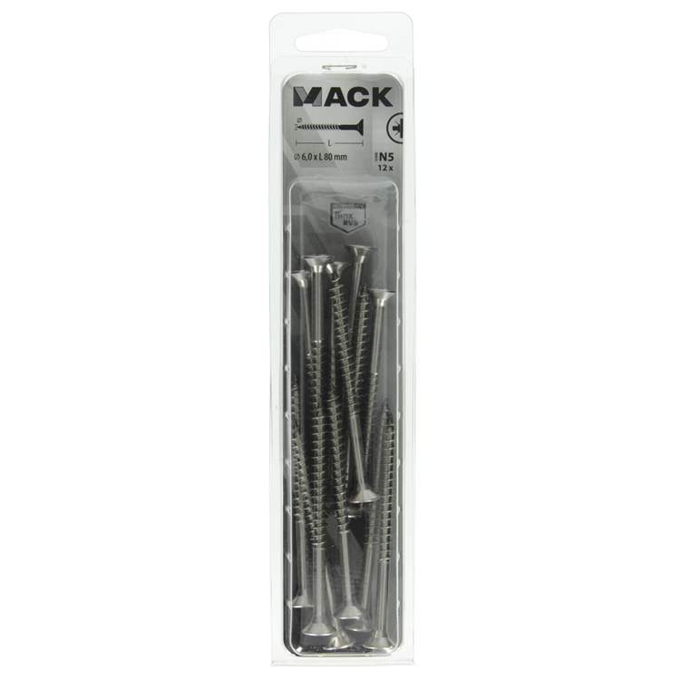 Mack 1020005 - tornillo para aglomerado cabeza vz acero inoxidable 12 piezas 6,0 x 80 mm | 5 piezas