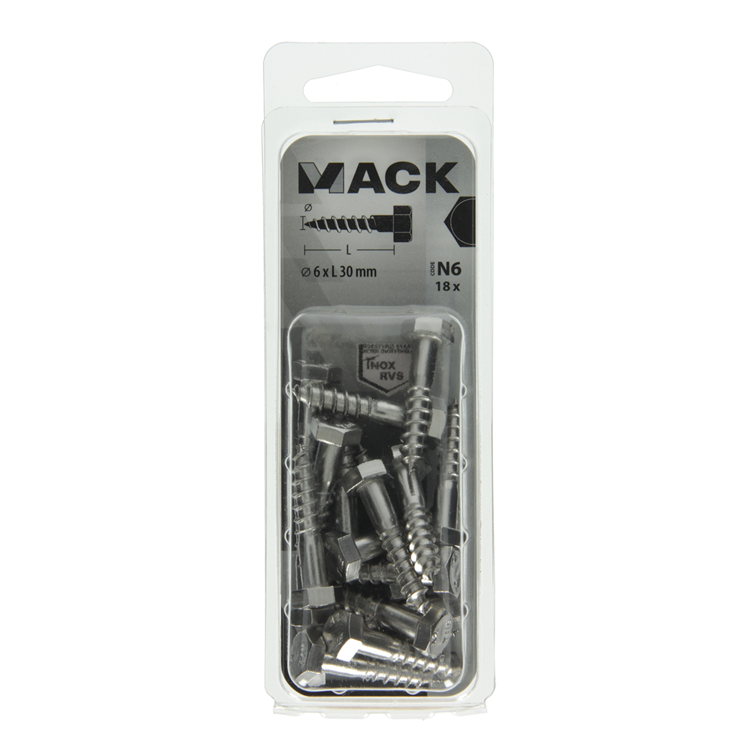 Mack 1020007 - perno roscado para madera acero inoxidable 18 piezas 6 x 30 mm | 5 piezas