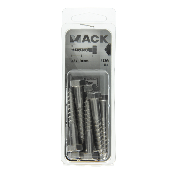 Mack 1020012 - perno roscado para madera acero inoxidable 8 piezas 8 x 50 mm | 5 piezas