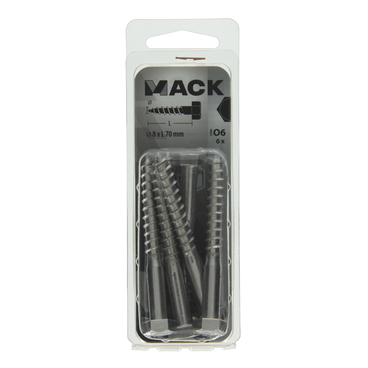 Mack 1020014 - perno roscado para madera acero inoxidable 6 piezas 8 x 70 mm | 5 piezas