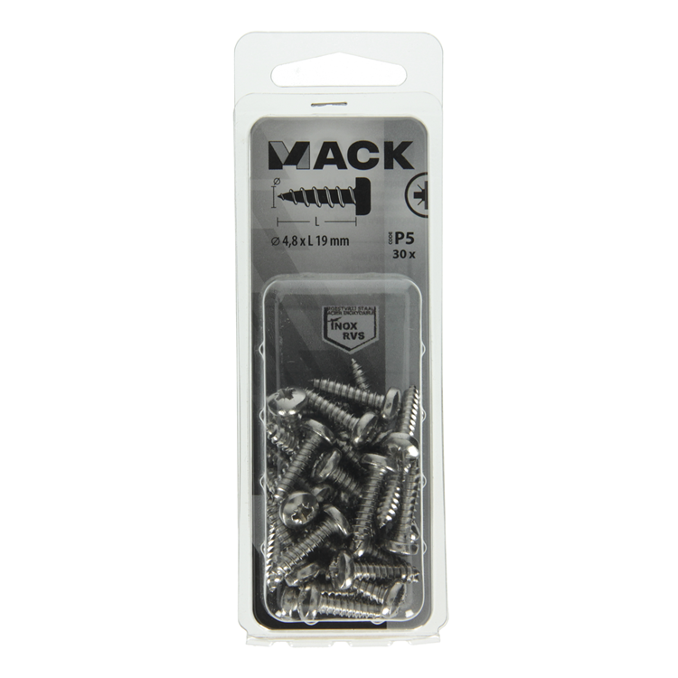 Mack 1020019 - tornillo autorroscante culata a2 30 piezas 4,8 x 19 mm | 5 piezas