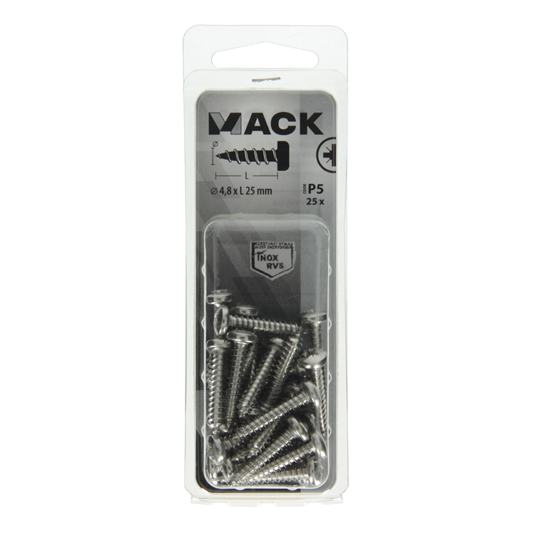 Mack 1020020 - tornillo autorroscante culata a2 25 piezas 4,8 x 25 mm | 5 piezas