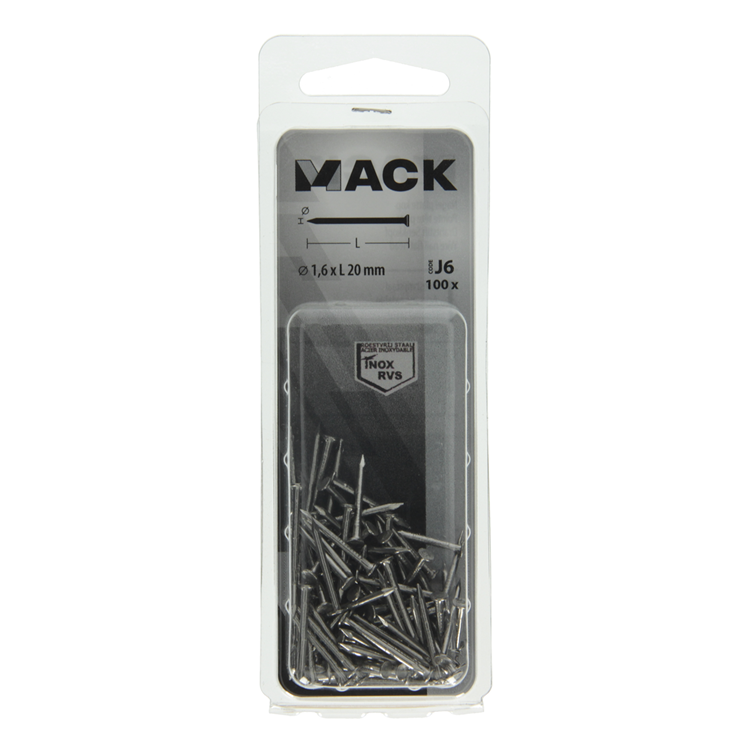 Mack 1020021 - clavo cabeza plana acero inoxidable A2 100 uds 1,6 x 20 mm | 5 piezas