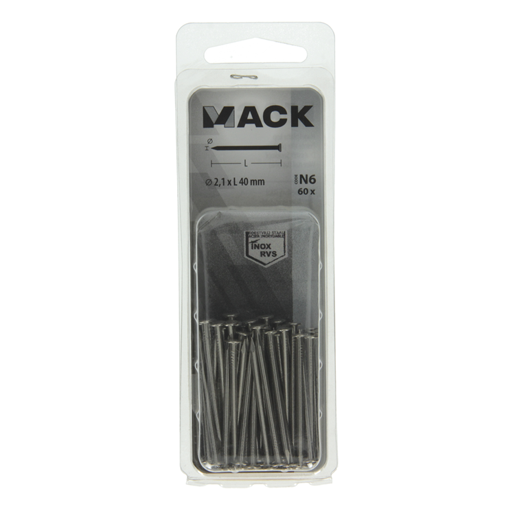 Mack 1020023 - clavo cabeza plana acero inoxidable A2 60 uds 2,1 x 40 mm | 5 piezas