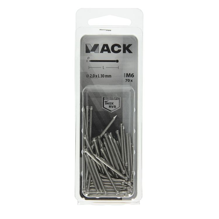 Mack 1020026 - clavo cabeza redonda acero inoxidable A2 70 piezas 2,0 x 30 mm | 5 piezas