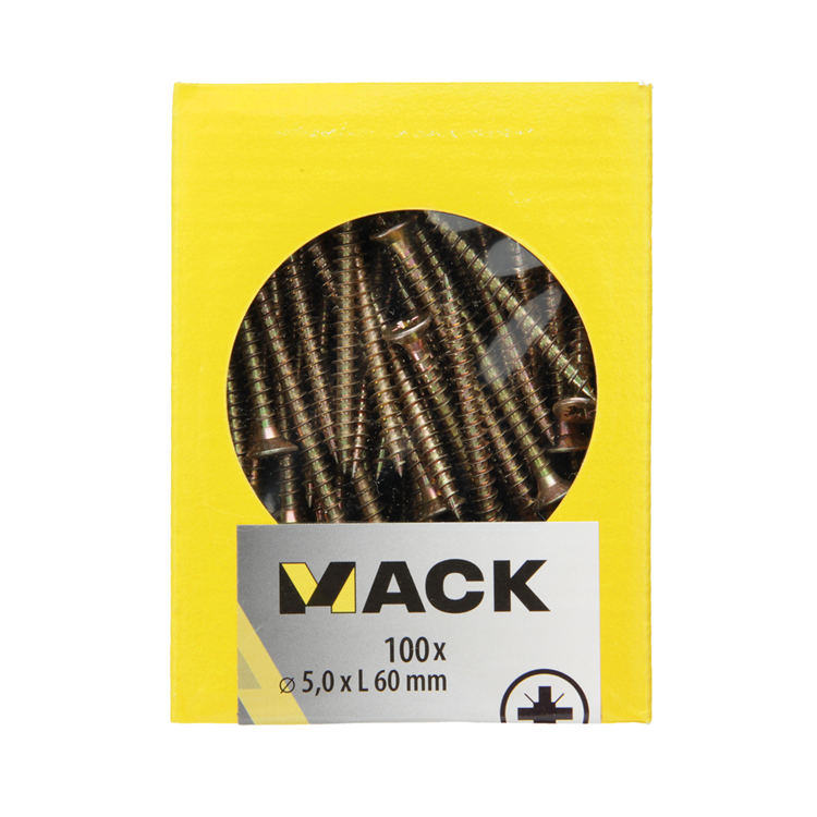 Mack 1020116 - tornillo para aglomerado con cabeza amarillo vz 100 uds 5,0 x 60 mm | 5 piezas