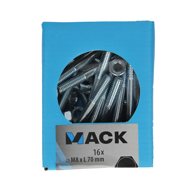 Mack 1020208 - perno madera + tuerca galvanizada 16 stm8 x 70 mm | 5 piezas