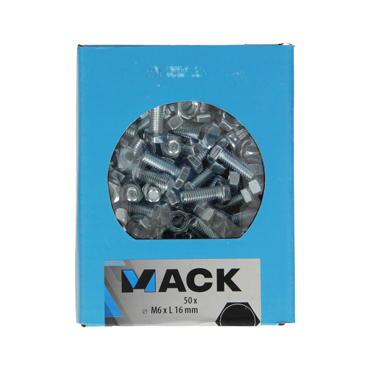 Mack 1020213 - perno macho + tuerca galvanizado 50 piezas m6 x 16 mm | 5 piezas